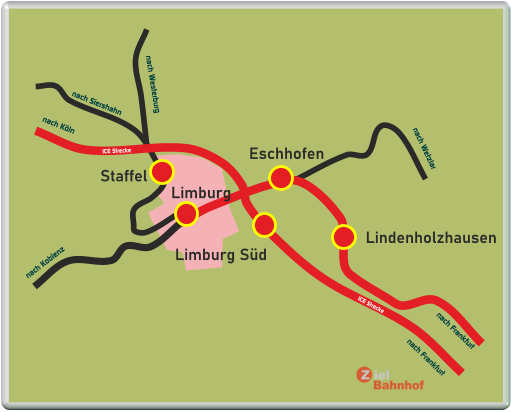 Limburg Staffel Eschhofen Lindenholzhausen Limburg Süd nach Koblenz nach Köln nach Wetzlar nach Frankfurt nach Frankfurt nach Siershahn nach Westerburg ICE Strecke ICE Strecke
