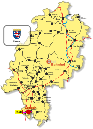 Baunatal- Guntershausen Bebra Kassel Wiesbaden Darmstadt Bad Hersfeld Fulda Hanau Limburg Frankfurt Wetzlar Gießen Haiger Cölbe Frankenberg Battenberg Eichenberg Volkmarsen Naumburg Bad Wildungen Wabern Gersfeld Schlüchtern Friedberg Niedernhausen Friedrichsdorf Brandoberndorf Nidda Beienheim Wölfersheim- Södel Gelnhausen Glauburg- Stockheim Nidderau Bad Vilbel Babenhausen Dieburg Dietzenbach Rödermark- Ober Roden Dreieich- Buchschlag Groß-Umstadt Wiebelsbach Fürth Bensheim Bürstadt Ffm-Höchst 3570 Lorsch Hessen