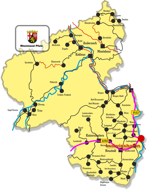 Kaiseresch Brohl Engeln Neustadt Koblenz Montabaur Mainz Kaiserslautern Andernach Remagen Ahrbrück Siershahn Au Altenkirchen Betzdorf Daaden Oberdreisbach Bingen Bingen-Stadt Bad Kreuznach Bad Münster Armsheim Alzey Kirchheim- bolanden Hochspeyer Kusel Lauterecken- Grumbach Landstuhl Konz Ingel Grenze Ehrang Traben-Trabach Püderich Gerolstein Landau Pirmasens Pirmasens Nord Hinterweidental Bundenthal- Rumbach Winden Bad Bergzabern Kapsweyer Grenze Worms Schifferstadt Monsheim Langmeil Freinsheim Grünstadt Ramsen Eiswoog Frankenthal Ludwigshafen Trier Germersheim Wörth 3250 3522 Ludwigshafen Rheinland Pfalz
